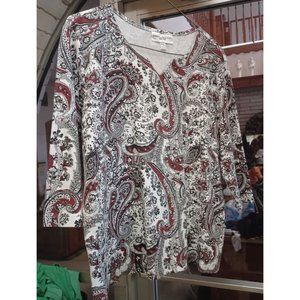 Rebecca Malone Boho Petite Woman's Top SZ PXL White with Red & Black Paisley